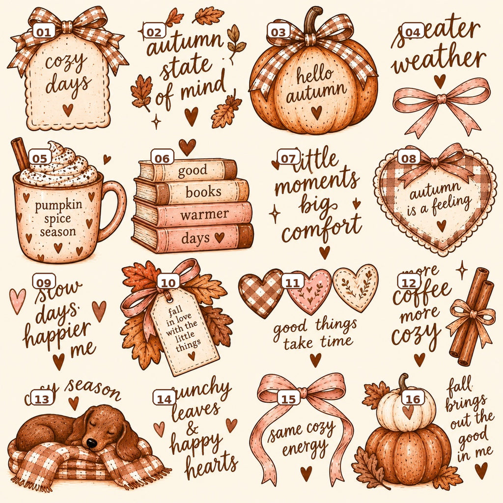 Numbered Cosy Season sticker designs 01 to 16