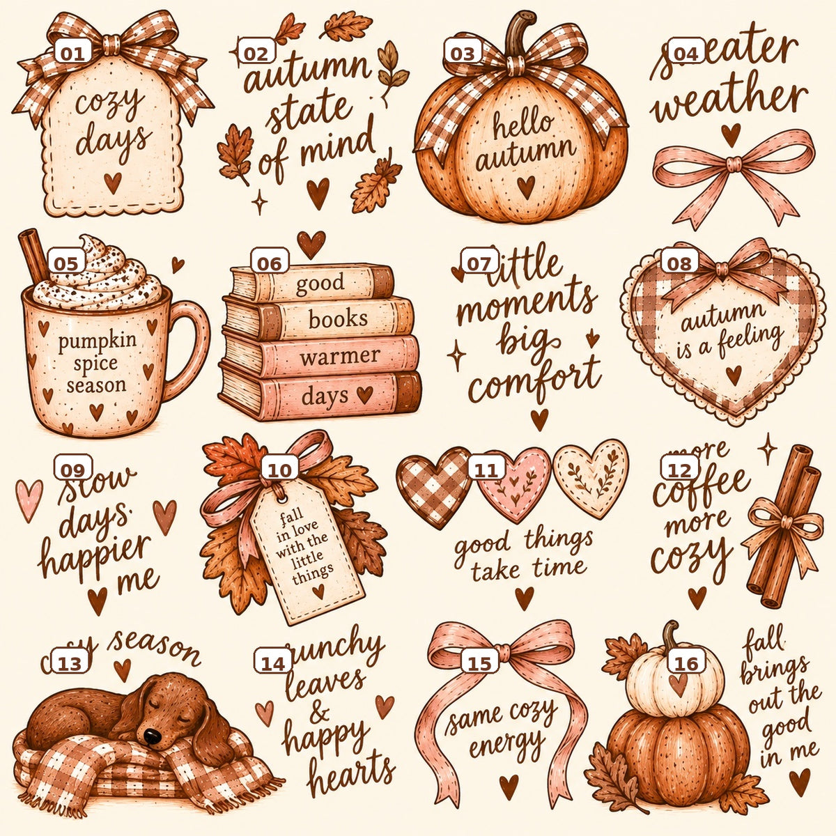 Numbered Cosy Season sticker designs 01 to 16