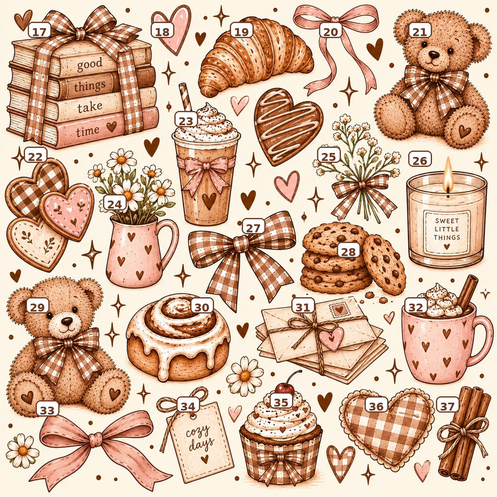 Numbered Cosy Season sticker designs 17 to 37