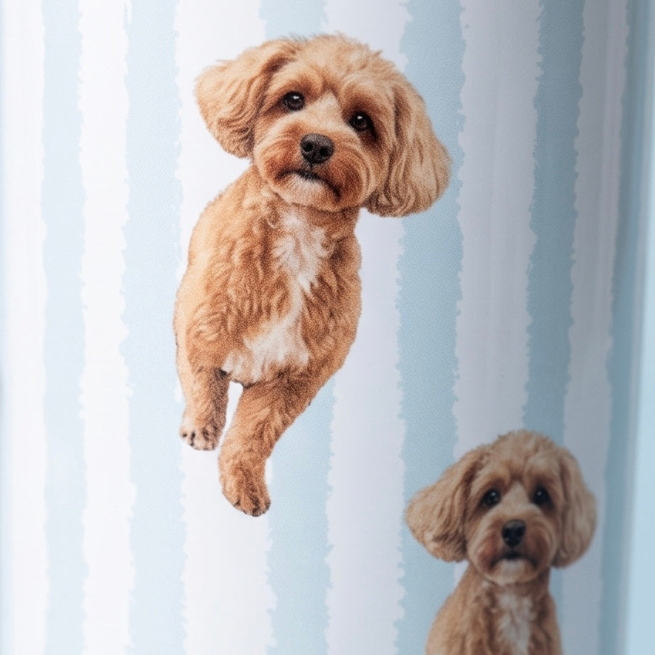 Close-up of custom dog portrait artwork on blue striped tumbler