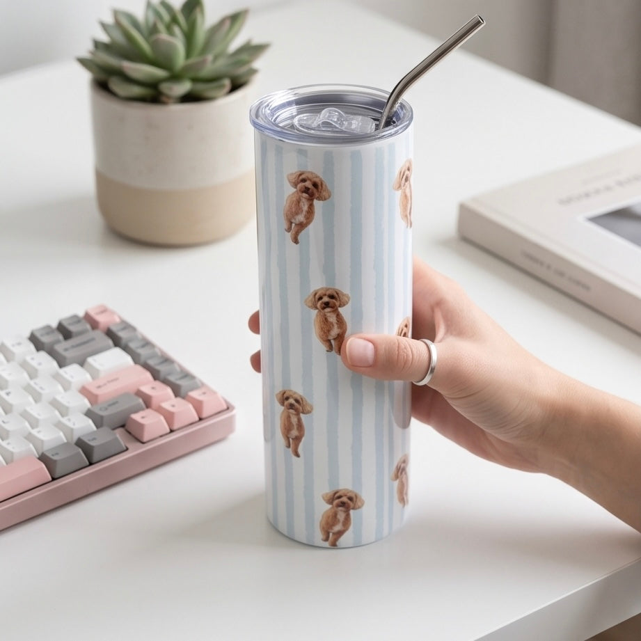 Custom pet portrait tumbler in a desk lifestyle setting