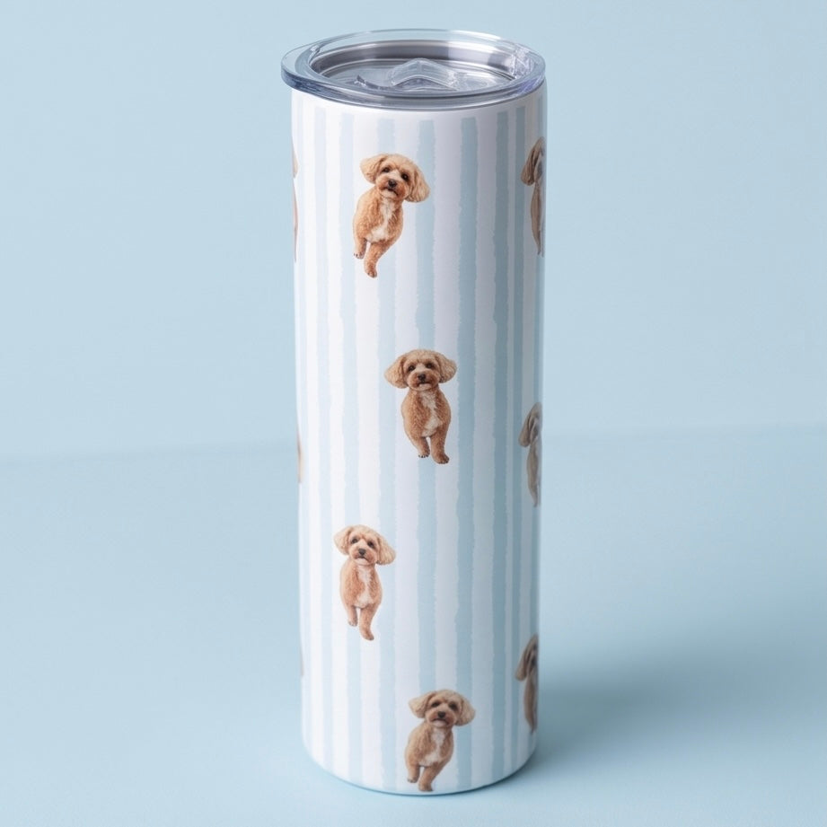 Custom pet portrait 20oz tumbler with blue striped background