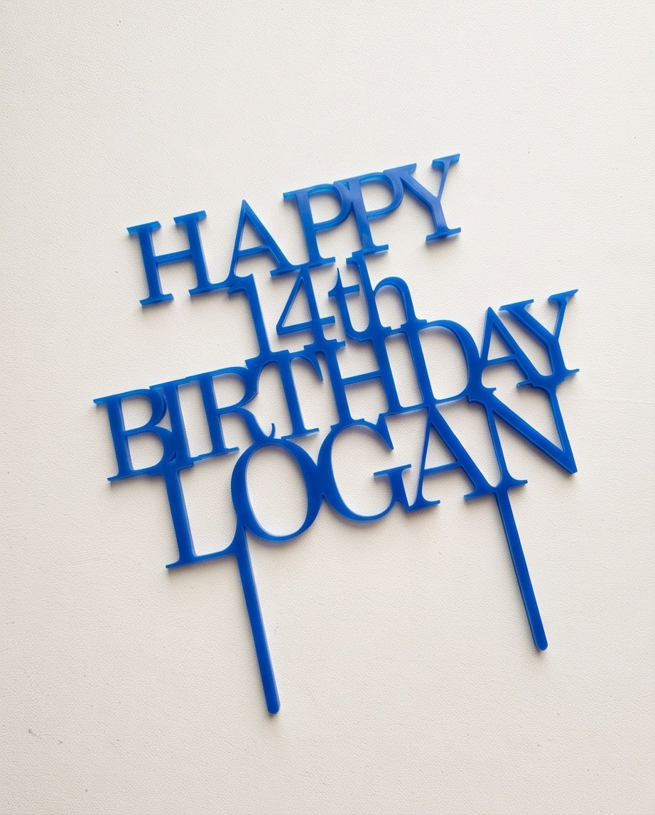 Blue personalised Happy 14th Birthday Logan acrylic cake topper