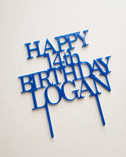 Blue personalised Happy 14th Birthday Logan acrylic cake topper