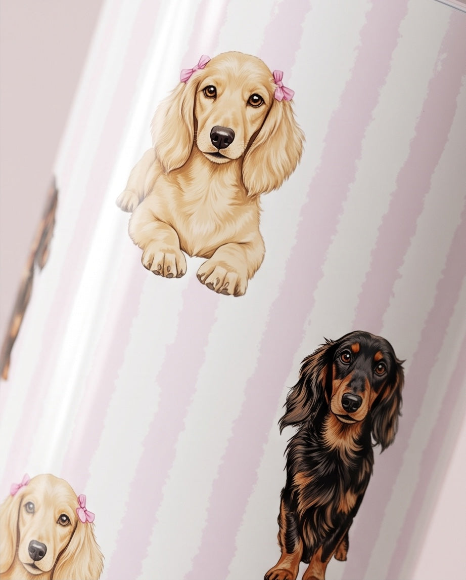 Close-up detail of dachshund artwork on personalised tumbler
