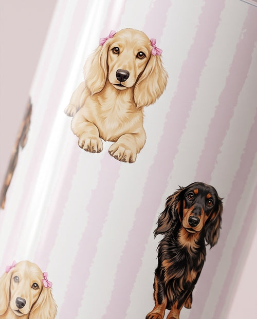 Close-up detail of dachshund artwork on personalised tumbler