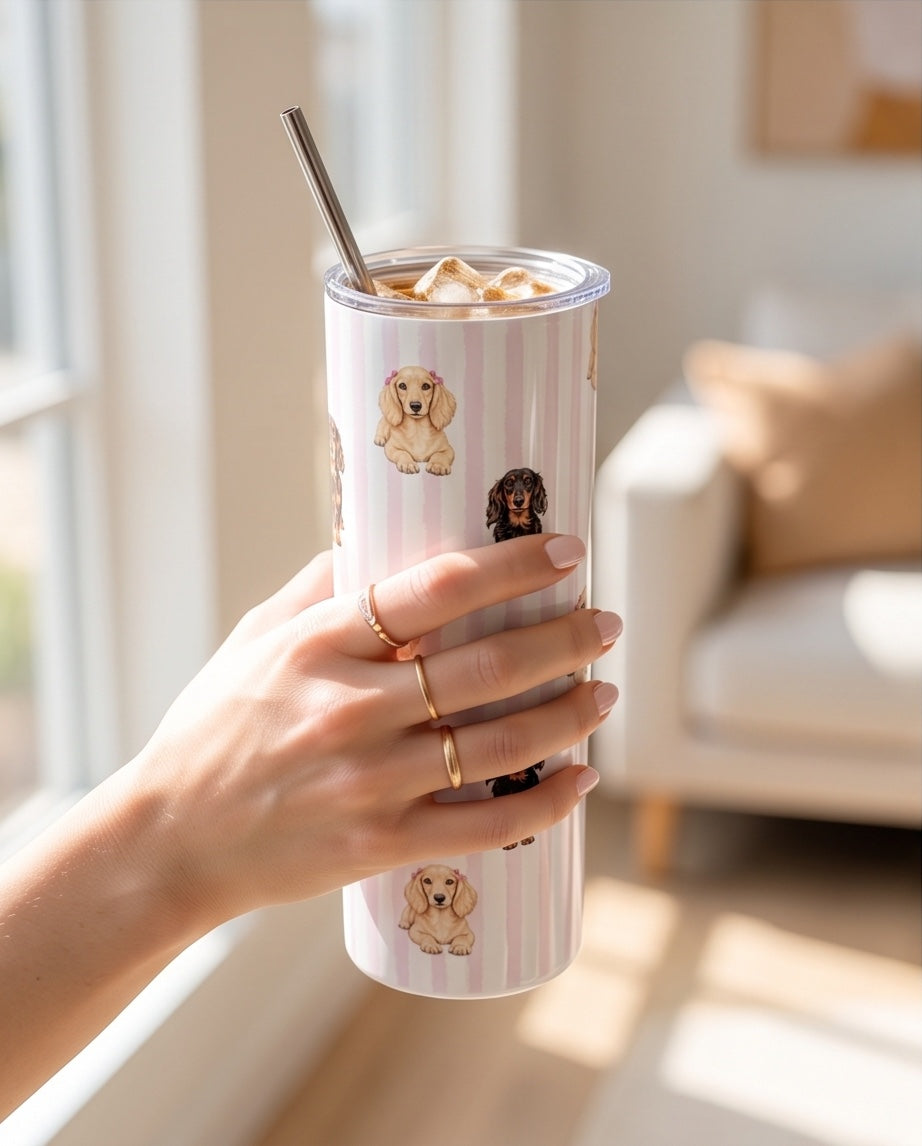 Personalised dachshund tumbler held in a bright home setting
