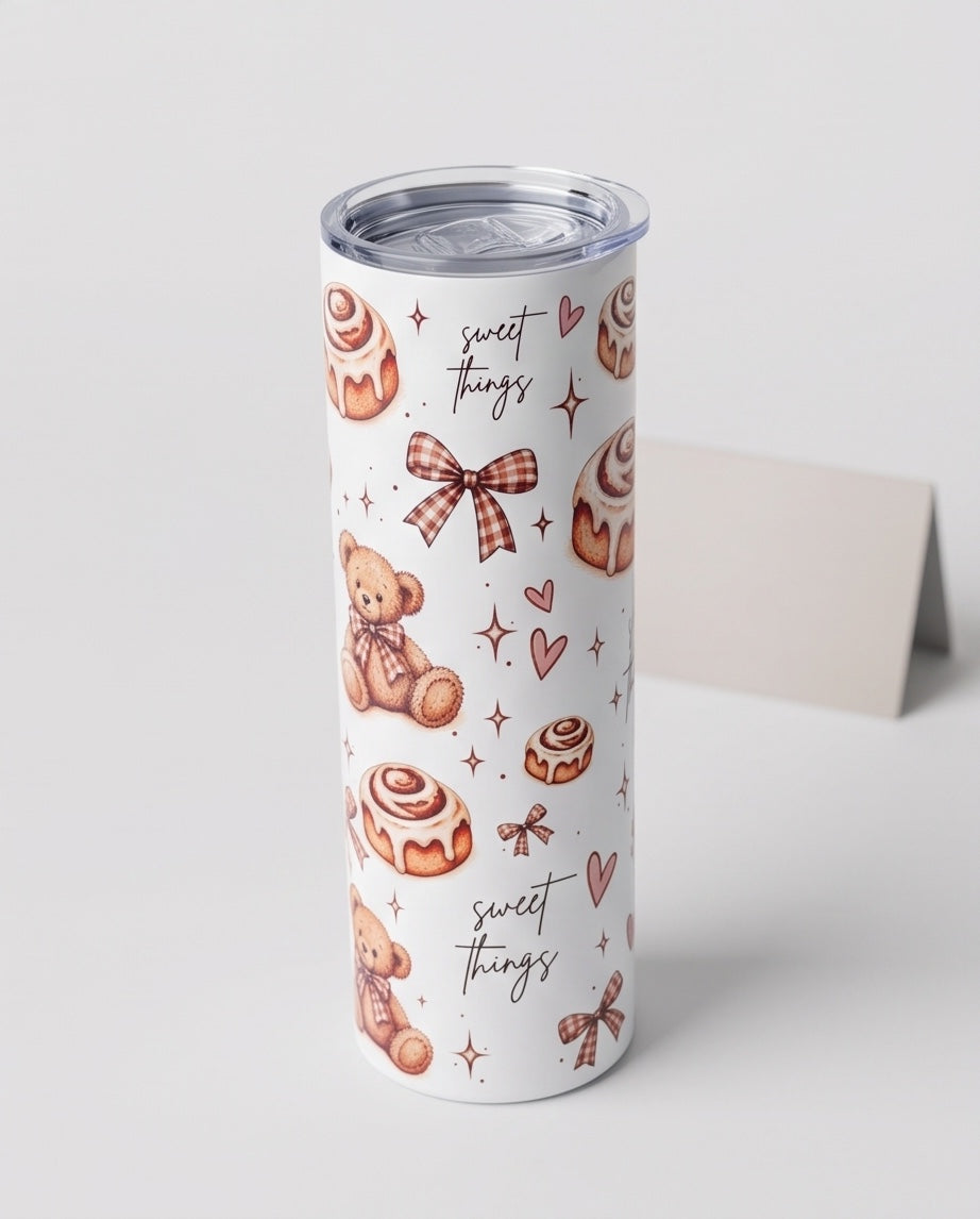 Sweet Things 20oz tumbler angled product view with clear lid