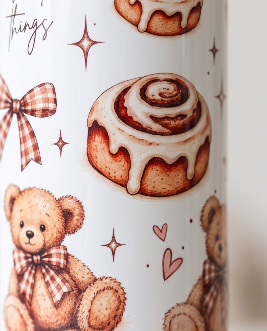 Close-up of Sweet Things tumbler teddy bear cinnamon roll and gingham artwork