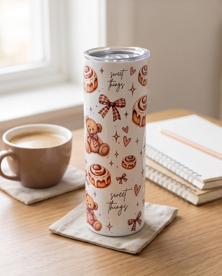 Sweet Things 20oz tumbler with teddy bears cinnamon rolls and gingham bows